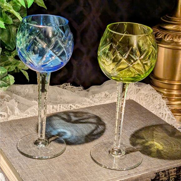 Blue & Green Vintage Bohemian Crystal Cut to Clear Unique Stem Wine Glass Pair - Picture 2 of 8